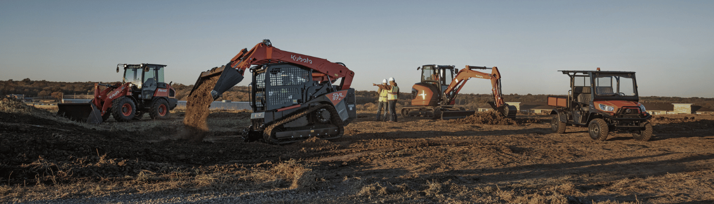 Kubota Construction Equipment Lineup on Jobsite - Wheel Loader, Skid Loader, Excavator, RTV